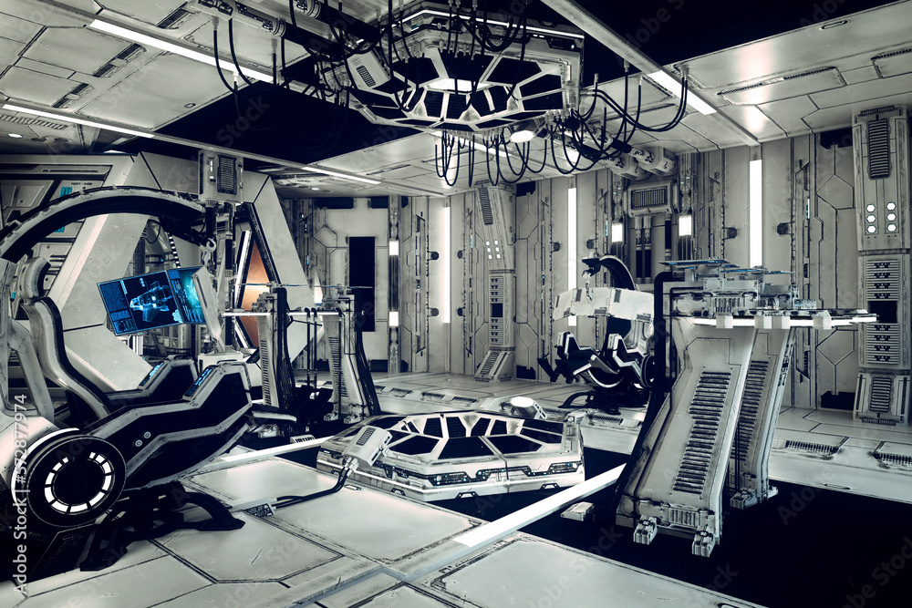 Bright futuristic science fiction control room in a space ship or station with high tech equipment. 3D rendering. Bright futuristic science fiction control room in a space ship or station with high tech equipment. 3D rendering.