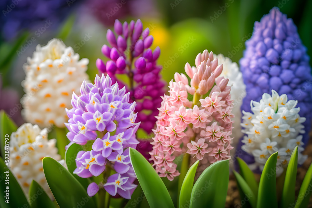 Fototapeta premium photo Large flower bed with multi-colored hyacinths, traditional easter flowers, flower background, easter spring background made with Generative AI