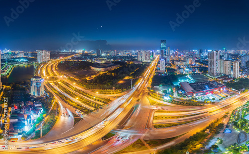 Panorama view of Hanoi city from above in twighlight blue hour. Urban city background in Asia