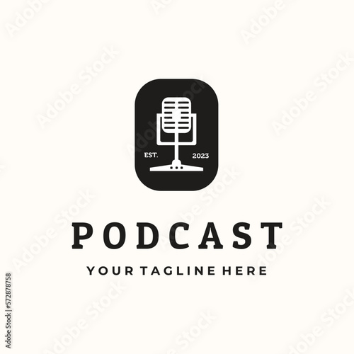 mic podcast vintage logo vector minimalist illustration design, podcast talk shartow logo design