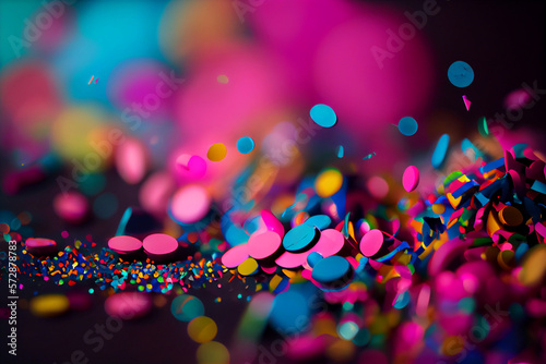 Festive flying in the air colored confetti for the celebration and party at night, multicolored paper confetti to celebrate victory and birthday and new year. Generative AI