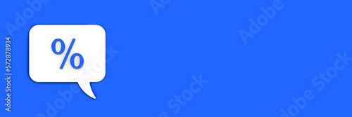 Blue percent sign on white message board. Interest withdrawal signal. Discount notifications. Message on a Blue background. Horizontal image. Banner for insertion into site. 3D image. 3D rendering.