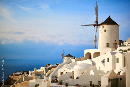 Santorini landscape, sunny day blue sky windmills