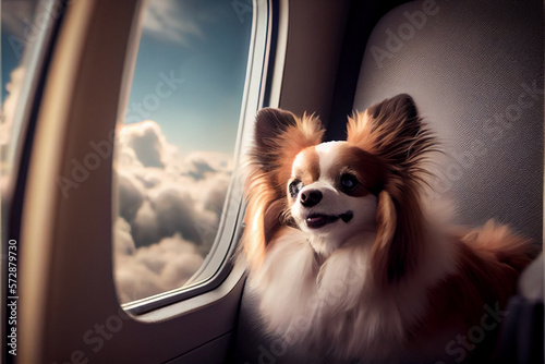 Happy dog ​​on board the plane looks out the window at the clouds, transportation of animals on the seat of the aircraft, safety of dogs. Generative AI © VICHIZH