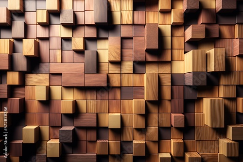 Shiny, textured mosaic tiles set in a wall design. A backdrop made of stacked wooden or timber blocks. Generative AI