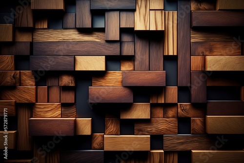 Tiled wall in the style of a timber wall. Blocks of natural wood and tile wallpaper. Generative AI