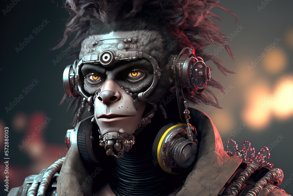 A cyberpunk picture of an anthropomorphic monkey Generative AI
