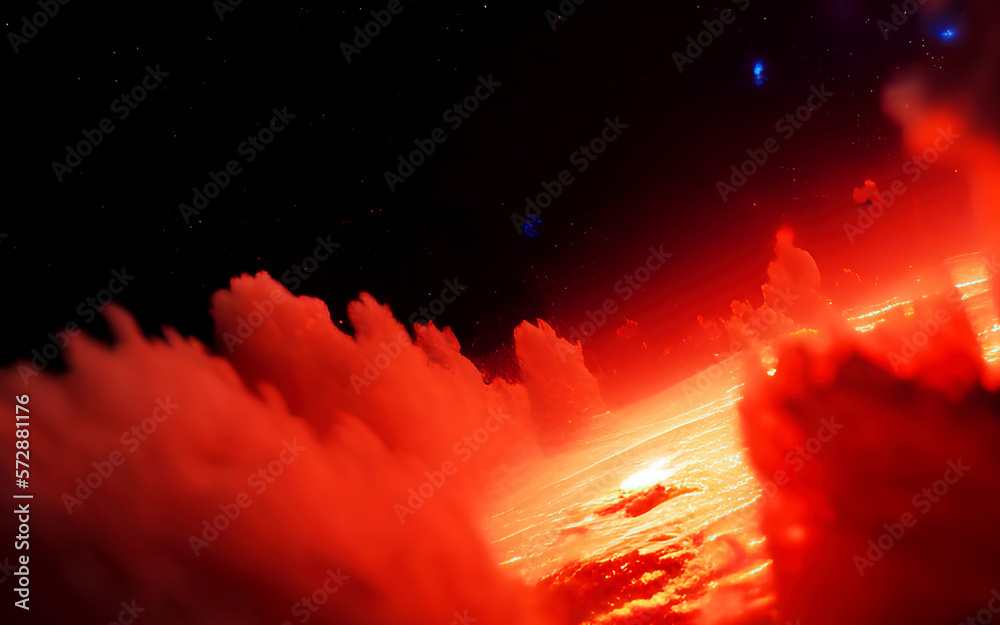 Alien planet surface with fire and magma, glowing hot planet vision, science fiction background, 3d illustration. Generative AI.