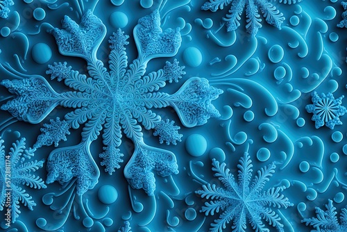 Remixed shot by wilson bentley depicting snowflakes on a blue holiday backdrop. Generative AI