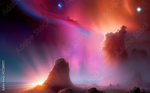 Alien planet surface with nebulas and stars, beautiful  picture of the univer...