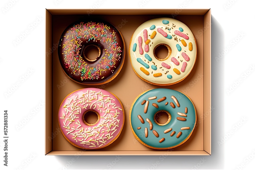 Top view of glazed doughnuts in a rainbow of colors, cartoon donuts on ...