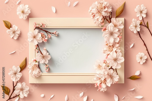 Beautiful spring nature background with lovely blossom, petal a on soft pink background , top view, frame. Springtime concept made with Generative AI © yuniazizah
