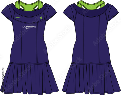 Women drop waist tennis dress with sleeveless tank top sports jersey design flat sketch fashion Illustration suitable for girls and Ladies, dress for tennis, netball, badminton sport kit
