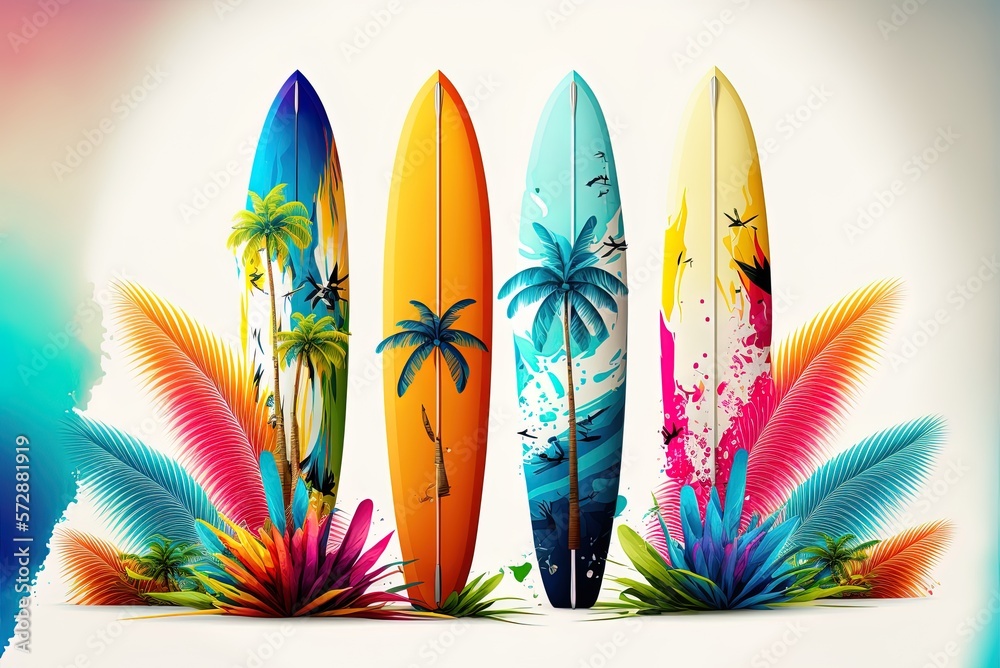 Composition from the surfing for decorating and design genre featuring a variety of brightly colored surfboards stuck in the sand on a tropical beach. Generative AI Composition from the surfing for decorating and design genre featuring a variety of brightly colored surfboards stuck in the sand on a tropical beach. Generative AI