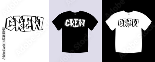 Crew typography t shirt lettering quotes design. Template vector art illustration with vintage style. Trendy apparel fashionable with text Crew graphic on black and white shirt