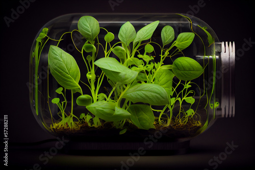 The metaphor of a closed ecosystem. Fresh green shoots inside a closed glass jar. AI.