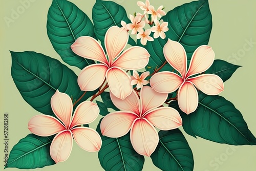 Plumeria blossoms and leaves on a green backdrop  suitable for use in the design and decorating fabrics  paper  wallpaper  apparel  post cards  and posters. Generative AI