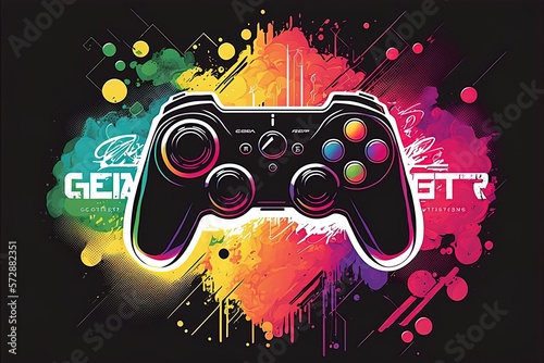 Black banner with white gamepad and multicolored glitch effect joystick for character control in video games; let's play idea for gamers. Generative AI photo