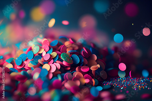 Festive flying in the air colored confetti for the celebration and party at night, multicolored paper confetti to celebrate victory and birthday and new year. Generative AI