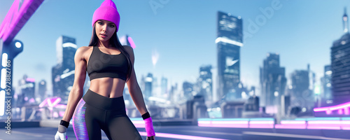 Smiling fit brunette woman in fitness rack against city background with copy space, banner. Generative ai