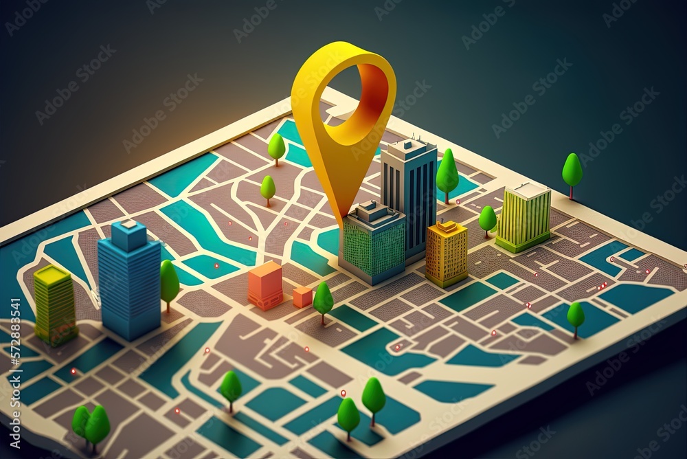 On a positioning backdrop, a city map with a gps direction symbol, a ...