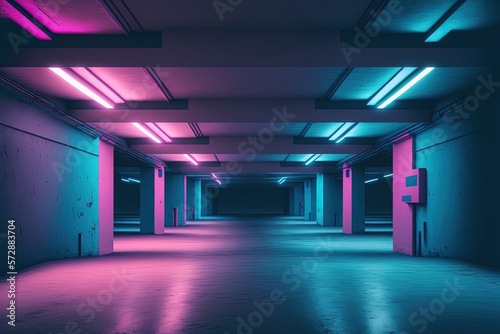 modern futuristic underground parking corridor with neon light. Generative AI