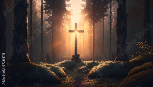 Cross in landscape, cross, church, religion, Christian, Christianity, Easter, sunset, sunrise, Generative AI, Religious art, Christian art, Landscape, Heavenly scene, Spiritual journey, Faith, Belief,