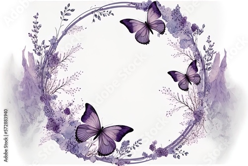 For postcards, posters, invitations, souvenirs, and banner. oval frame with a thin, delicate border, adorned with aflutter, purple butterflies and splatter Generative AI