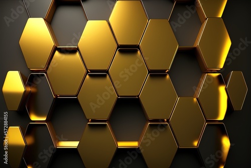 Hexagonal tiles on a polished, wall-like backdrop. Wallpaper with a gold tile pattern with opulent block designs. Generative AI
