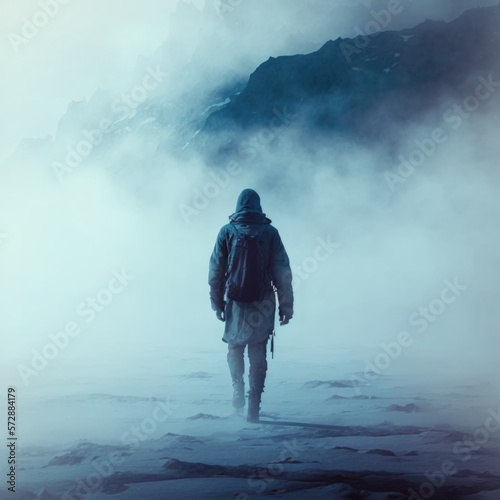traveler lost in a sea of mist, fantasy art, AI generation.