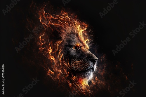 close-up portrait of burning the lion king on a black background. Generative AI