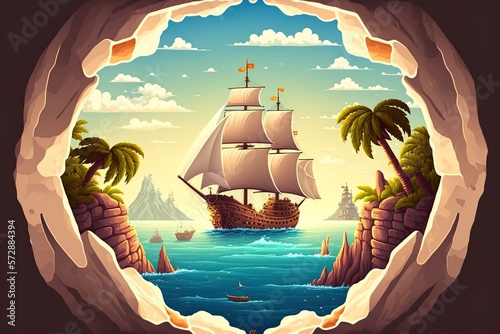 unnamed island in the distance. depiction of the view from the bridge of a sailing vessel. Generative AI