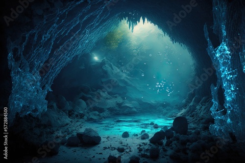 blue crystals with water in a tunnel below earth Generative AI