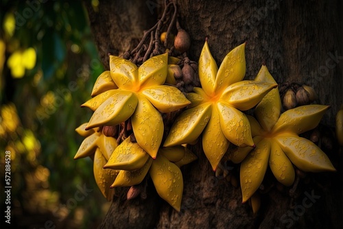 vertical slices of carambola fruits on a tree trunk. Generative AI