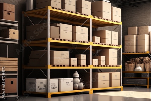 warehouse with cardboard boxes on wooden shelves with metal base. storage room, store garage or market. Generative AI