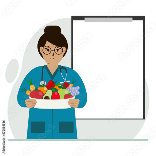 Female doctor with a plate of vegetables and fruits. Clipboard blank for your text. The concept of diet, proper nutrition, health.