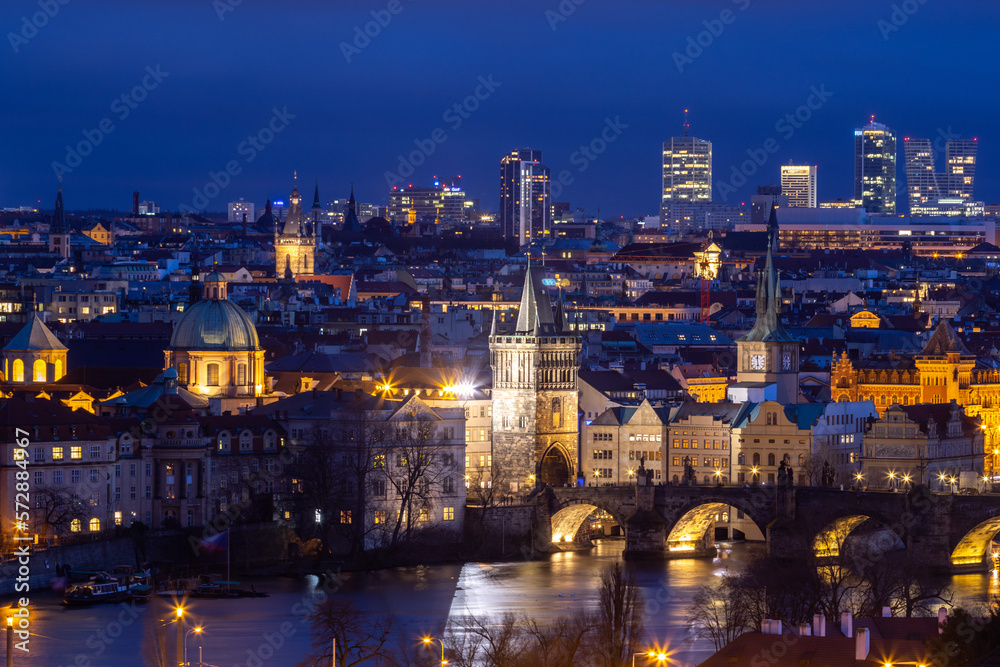 Evening view of the Charles Bridge and the center of Prague