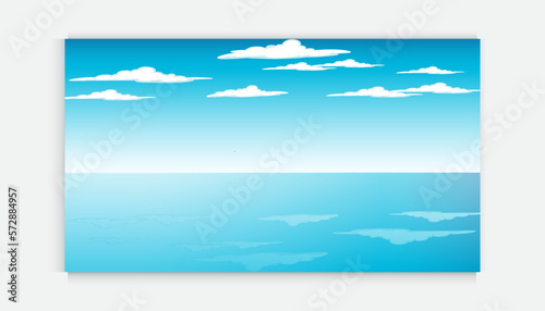 Blue Sky and sea landscape Vector illustration. The front view in the morning sky is bright blue with clear white clouds. And the ocean deep indigo in daylight. Mountain, Blue Sky reflecting 