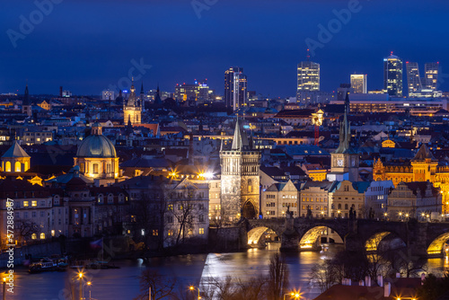 Evening view of the Charles Bridge and the center of Prague