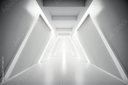 White futuristic tunnel leading to light. Wide angle. AI Generated © yuliachupina