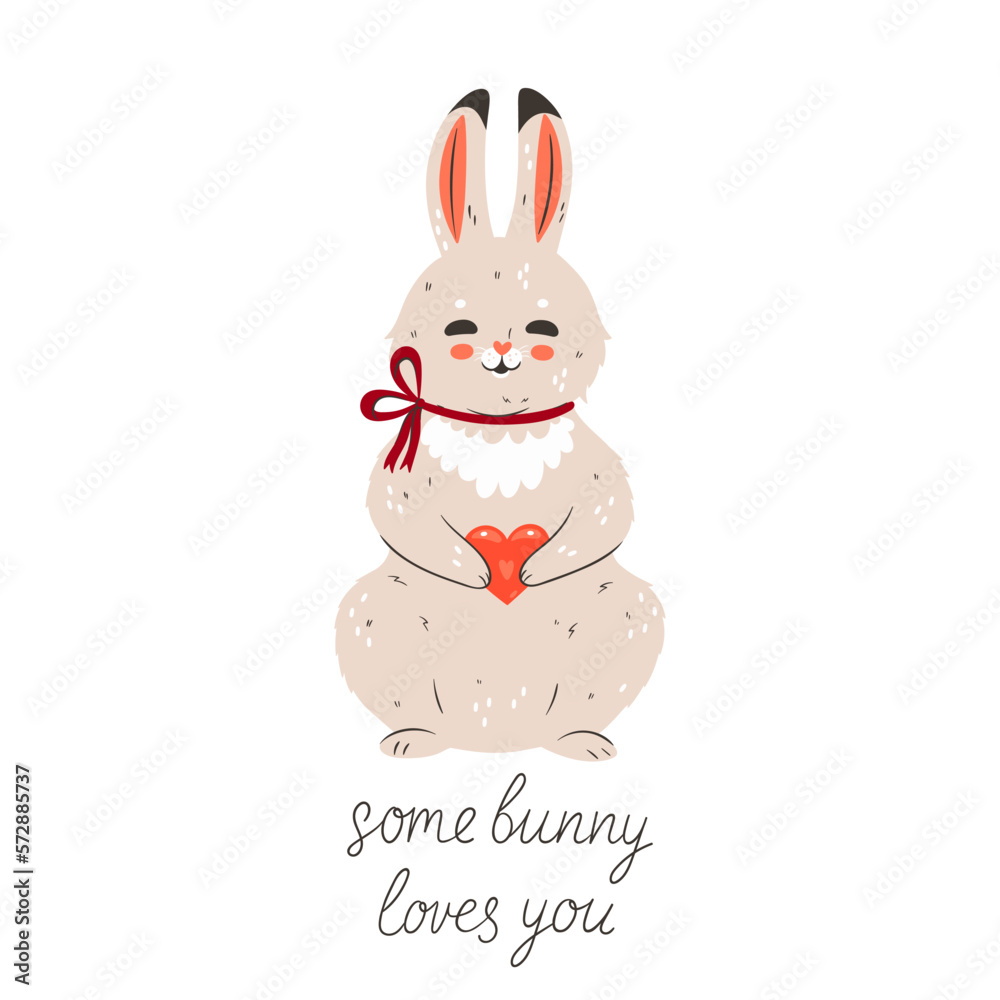 Cute rabbit holding a heart isolate on a white background. Vector graphics.