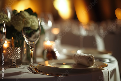 sparkling wine glass  table on the banquet . bokeh   generative artificial intelligence