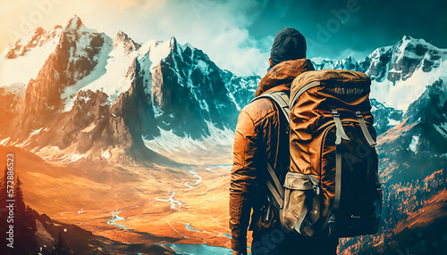 close up back of tourist with backpack on beautiful mountain landscape, AI generative