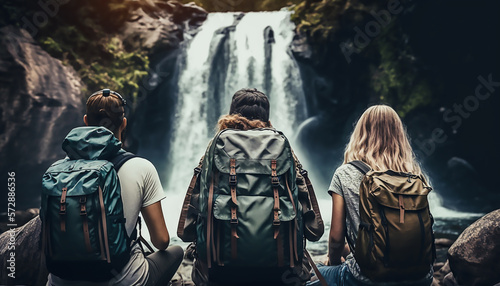 close up back of young tourists group sitting with backpack with waterfall in spring, AI generative