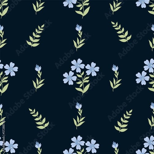 Floral seamless pattern with blue decorative cornflower on dark blue background. Vector illustration. Botanical pattern