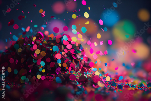 Festive flying in the air colored confetti for the celebration and party at night, multicolored paper confetti to celebrate victory and birthday and new year. Generative AI © VICHIZH