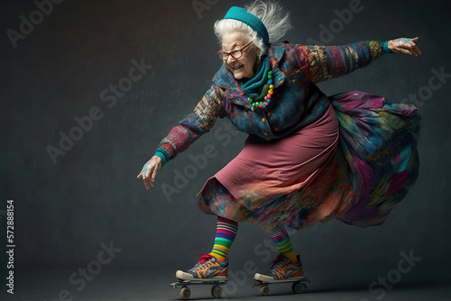Cheerful granny as a professional skater on dark background with weird street wear clothing with vibrant colors. Ai generative. © Oier