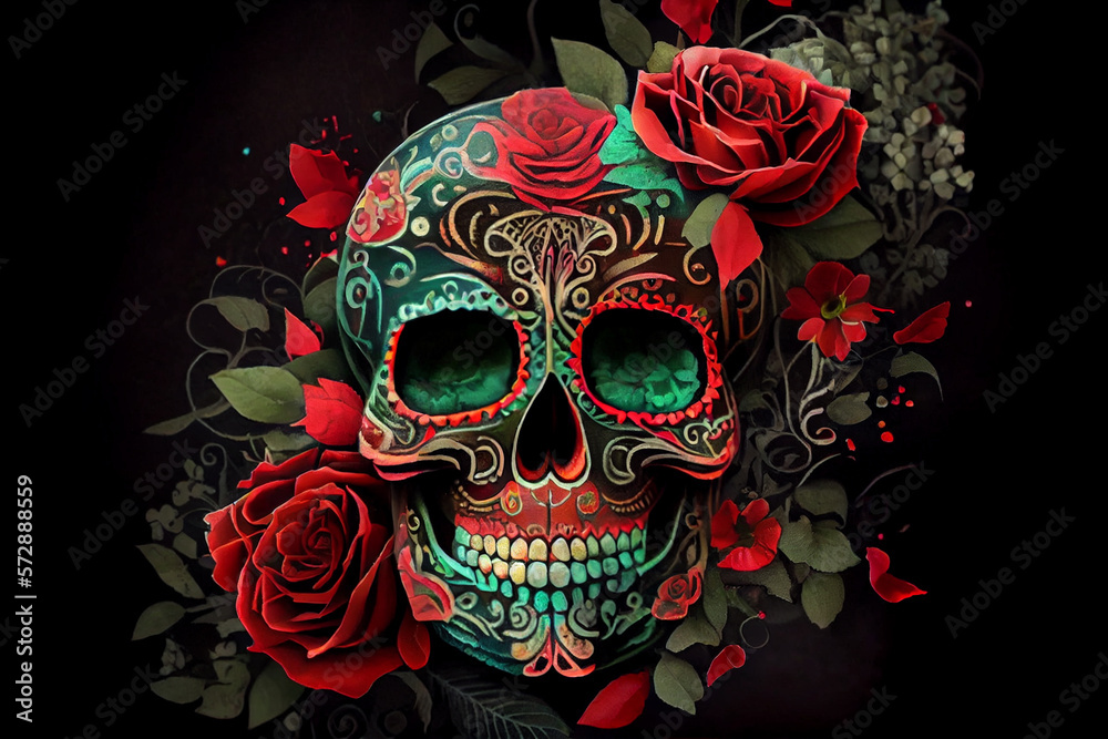 Mexican-style sugar skull and red roses decoration, Generative ai
