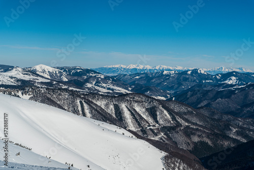 View to Tatra mountains from Krtizna hill in winter Velka Fatra mountains in Slovakia