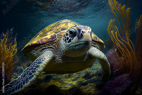 Colorful illustration of a sea turtle swimming over coral reefs, Underwater sea turtle strange marine animal underwater turtle, generative ai,